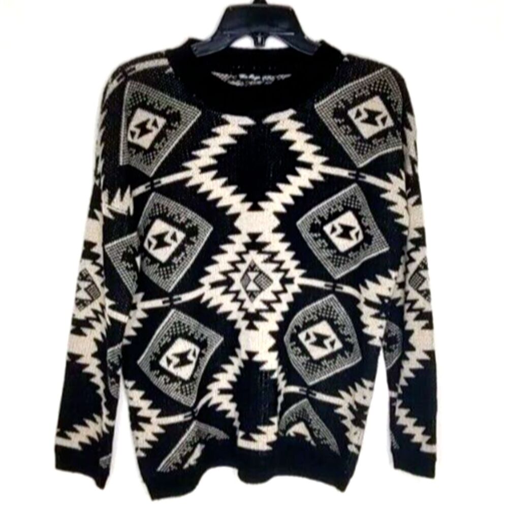 Retro Geometric Soft Tan & Black Sz MED Vintage Pullover Light Sweater The Rage